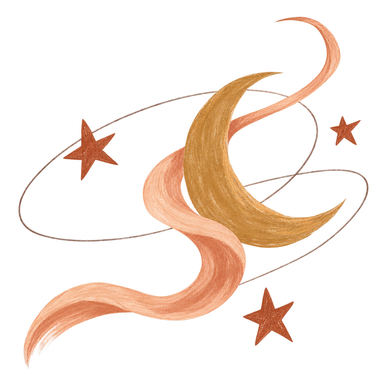 An abstract sea of stars, drawn with loose pencil orbits, ochre star marks and peach brushstrokes